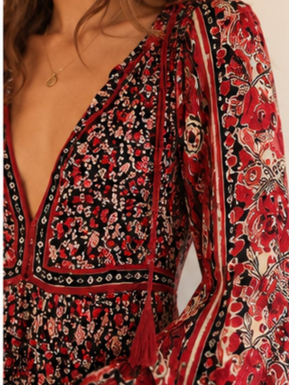 Free People Boho Floral Maxi Dress | Deep V-Neck Tassel | Size Small - Picture 2 of 6